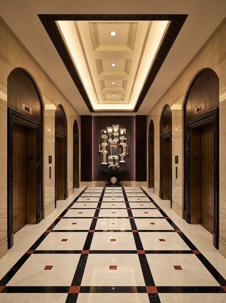 A highly symmetrical luxury elevator lobby shot in perfect one-point perspective. The focal point is a geometric sculpture of overlapping rectangular mirrors mounted on a dark brown and plum accent wall. Four textured bronze elevator doors are set into dark arched alcoves along the beige stone walls. The floor features a high-contrast grid of large cream stone squares bordered by thick black marble bands with red accent tiles at the intersections. A massive rectangular recessed ceiling light casts a warm glow over the polished architectural surfaces.