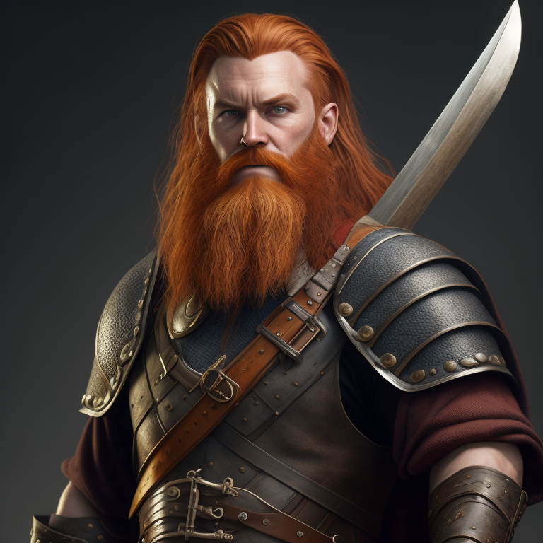 Викинг с мечом и топором, длиннобородый, рыжий
