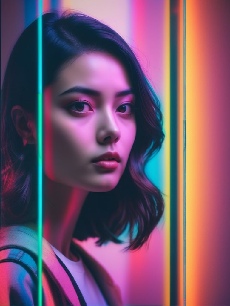 Shifting spectra, mixed multimedia portrait photography in retro-glitch art style, distorted graphics, spectacular neon lighting, additional contrast, cinematic risograph on three panels