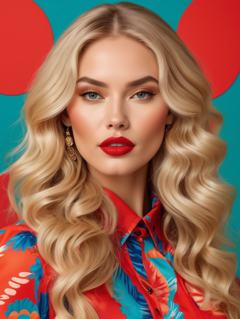 A beautiful blonde woman with long wavy hair and striking red lipstick, decked out in a vibrant pop art outfit. Solid color background, high fashion advertising campaign. Fun collection pieces in an ethnic and bohemian atmosphere with 2024 summer colors