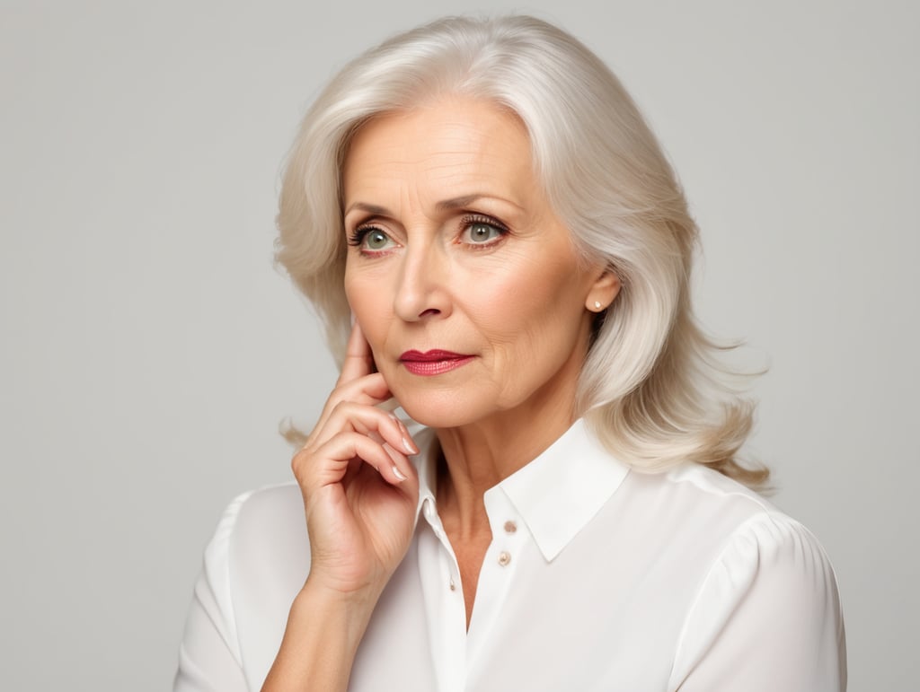 Blonde middle aged woman ponders on something keeps hand near face, white hair, white blouse, mature women, pretty old women, isolated, white background