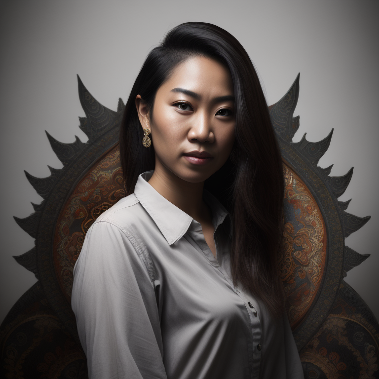 A portrait of a female Filipino creative professional in a studio with white background, midshot