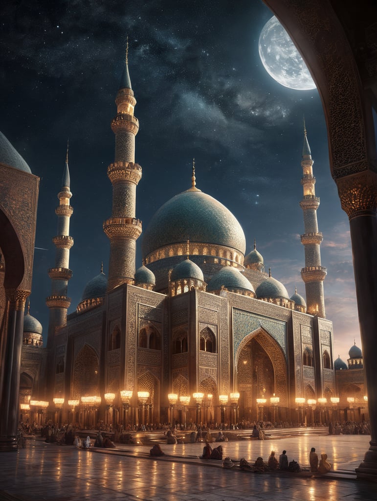 Imagine a serene night with a beautifully illuminated mosque in the foreground, set against a peaceful and starry sky. The mosque's minarets and domes could be adorned with lights, creating a warm and inviting atmosphere. This image symbolizes the spiritual significance of the holiday, emphasizing the importance of the mosque as a place of worship and community gathering during Eid Milad un Nabi.