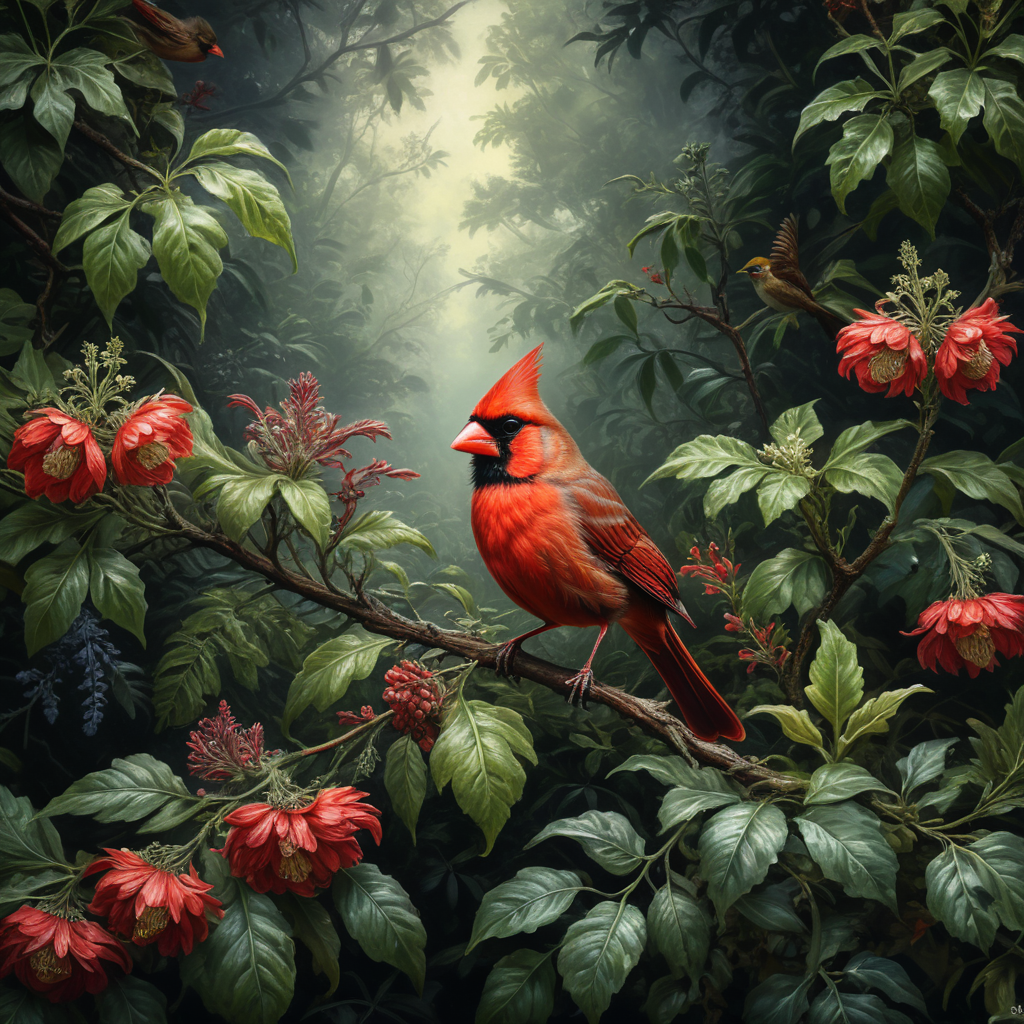 An Edwardian botanical oil painting, illustration of a red cardinal bird on a branch surrounded by flora and fauna