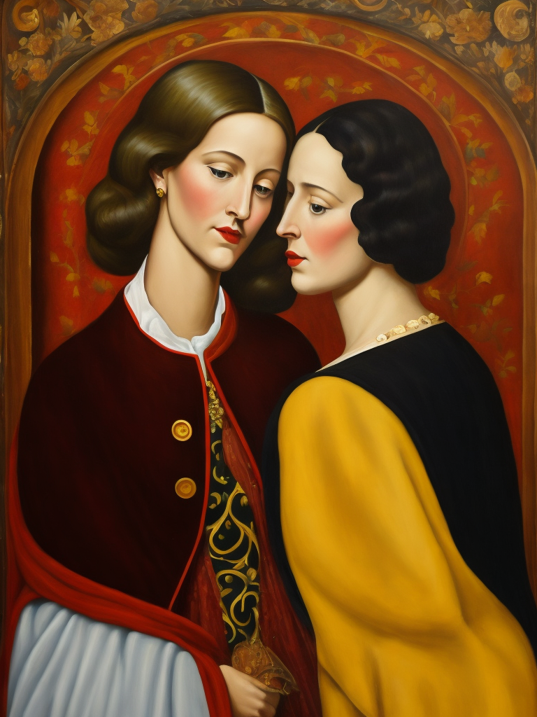 a two women kissing, style of Catherine Nolin, Painting, Acrylic, Oil, Portrait, Interior, USA