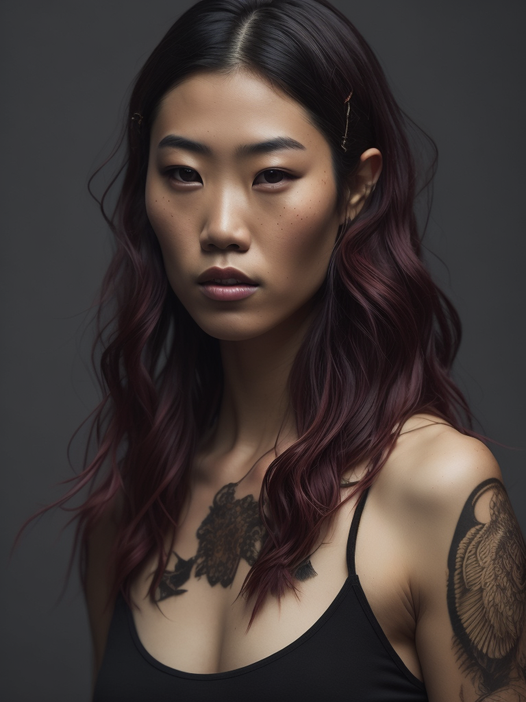 young Asian female street racing enthusiast, freckles, fashion, American muscle cars, in street race meet in LA, in the style of Hiphop art sensibilities, muscle cars, tattoos, drugcore, delicacy of touch, caffenol developing, letterboxing, coloured lights, Sacha Goldberger, psychedelic realism, ultra detailed, gloomy metropolises, mallgoth