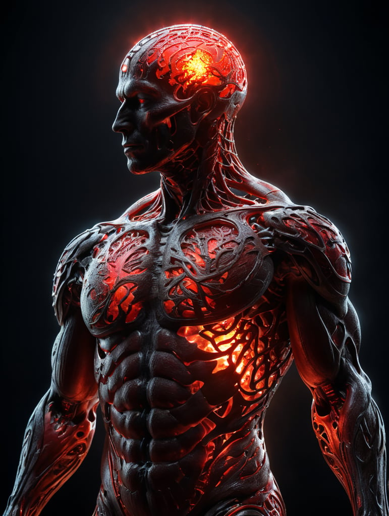 human body silhouette focusing on the vital energy of the head and stomach region, dark background and bright body, energy points in red