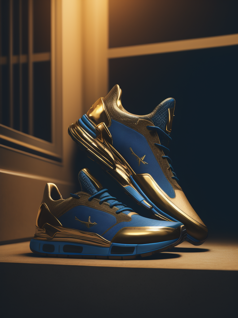 realistic photo of sports sneakers modern fashion blue and gold colors, sci-fi, deep atmosphere, dark, saturation, vibrance, sharp on details