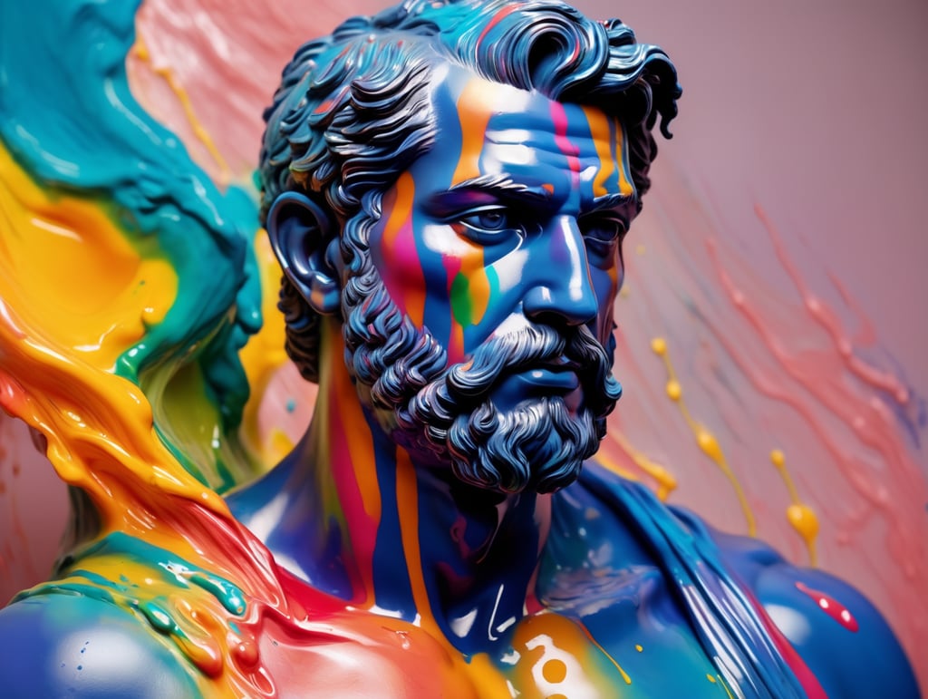 greek male bust with colorful paint, melted, the paint is flowing, aesthetic background