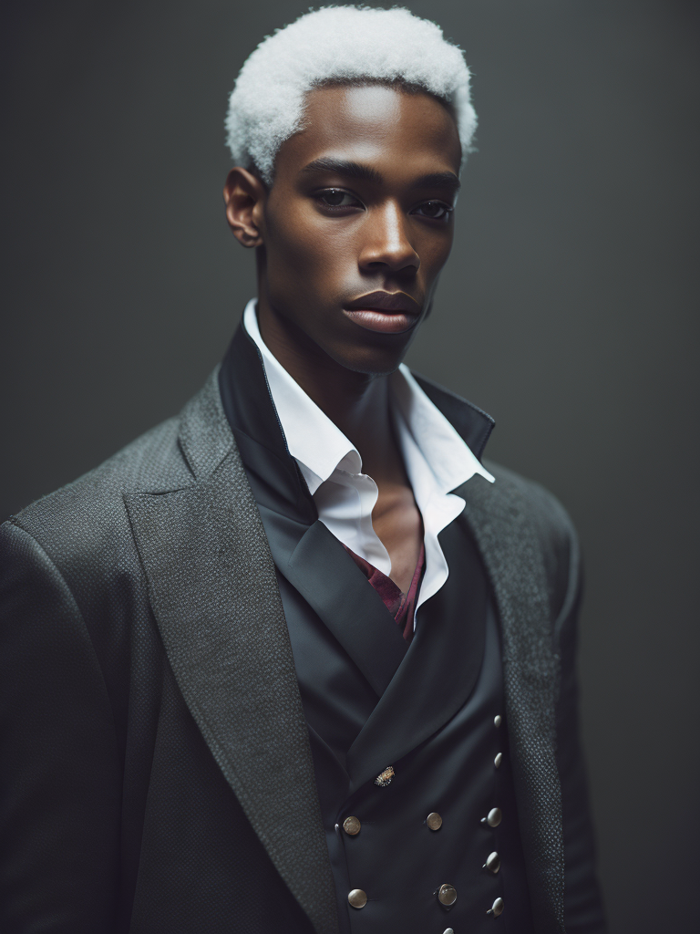 portrait of young man with black skin, short white hair, dressed in a tailcoat, intricate, elegant, highly detailed, digital painting, concept art, sharp focus, ultra realistic, Dramatic Lighting, Depth of field, Incredibly high detailed