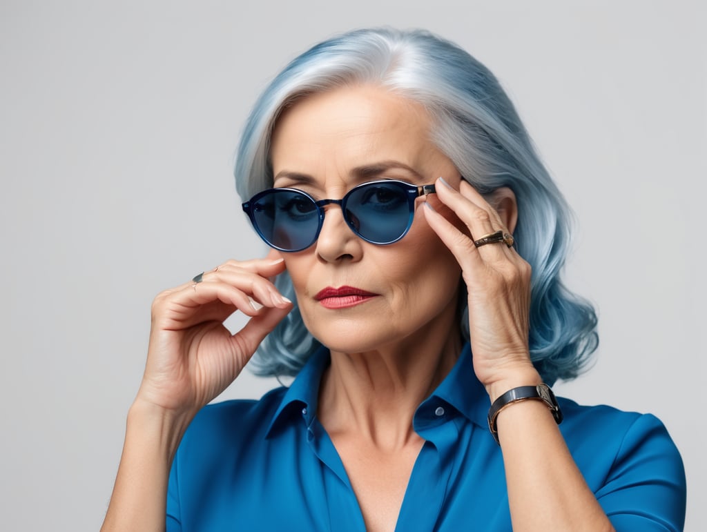 Blonde middle aged woman ponders on something keeps hand near face, blue hair, blue blouse, black sunglasses, minimalistic style, fashion, mature women, pretty old women, isolated, white background