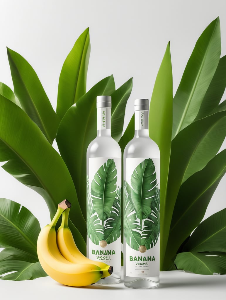 Packaging and branding for a banana vodka brand as if it had been designed by HI ESTUDIO with In a set design with banana, and banana leaves.