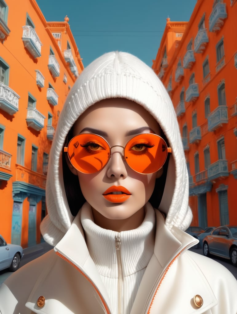 Front face half body photography, in a suburb, a cyber woman model wearing a orange color sweater and wide open white coat and large sunglasses walking in the street, 360 degree view, art by sergio lopez, natalie shau, james jean and salvador dali