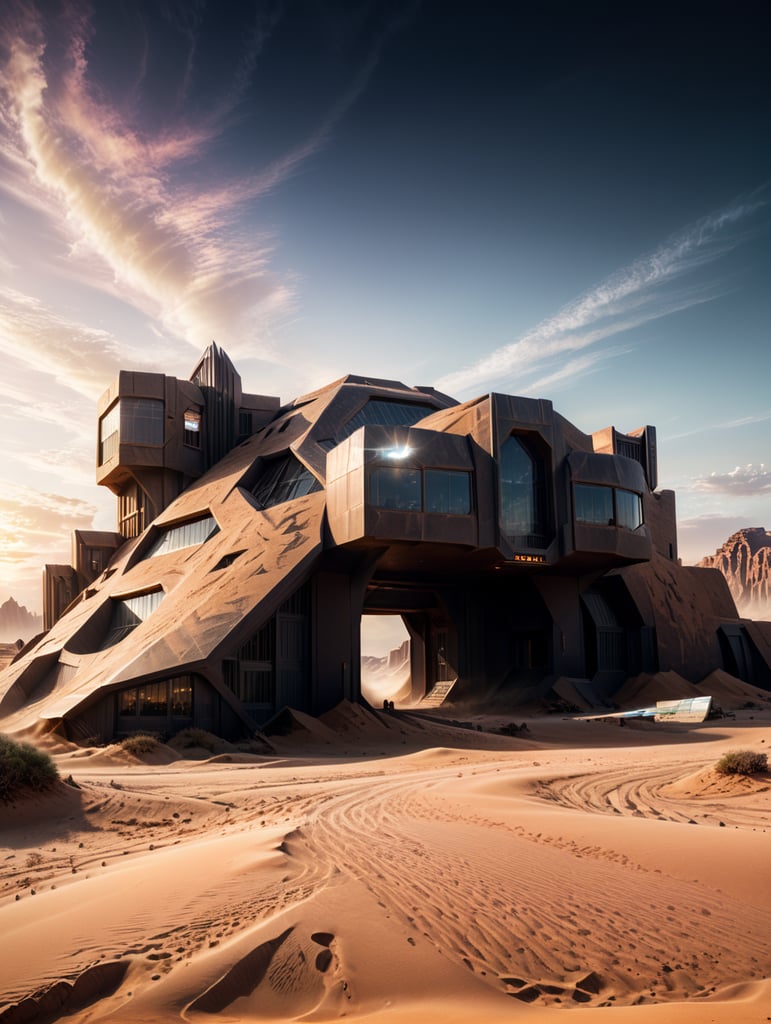 desert background light brown sand with futuristic building in sunrise,portrait size,hyperrealistic, —ar 16:9