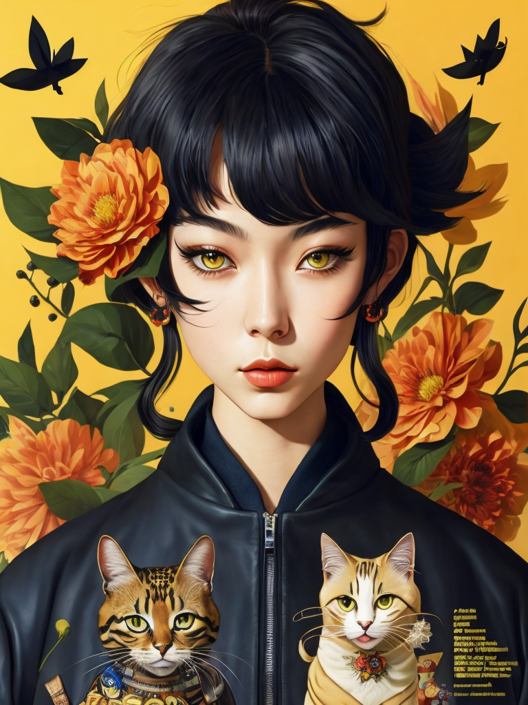 Magazine cover poster, upper portrait of anime girl with cat, ultra detailed, cel shading, artistic, shibuya fashion, harajuku fashion, mucha, frida kahlo, vivid floral oversized sukajan bomber jacket, trends of pixiv, headline, logos labels, badges, graphic design, art by miyazaki hay takashi murakami oda eiichirō
