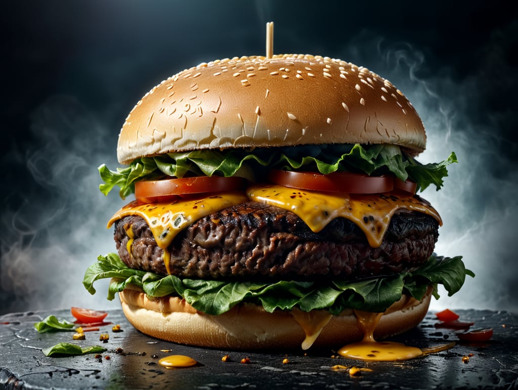 an appetizing burger with lettuce, tomato and melted cheese, ultra hd, isolated, hyper realistic, detailed,