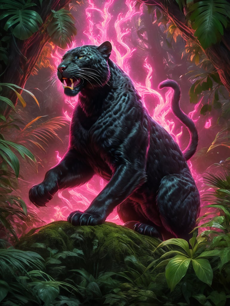 A furry cute panther surrounded by neon pink flames in a dreamy lush dark green jungle