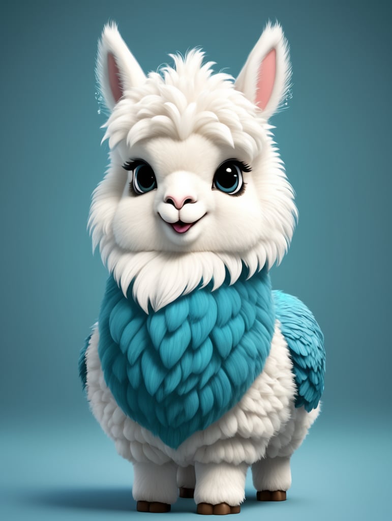 cute, fluffy, hybrid alpaca and kingfisher, beak, full view, chibi style, disney style, cartoon style, pixar style, with background