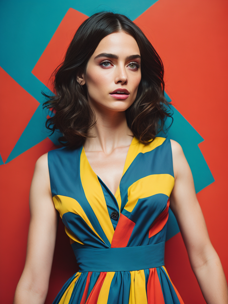 Portrait of a girl dressed in a bright dress, Bright colors, pin up style, 70s