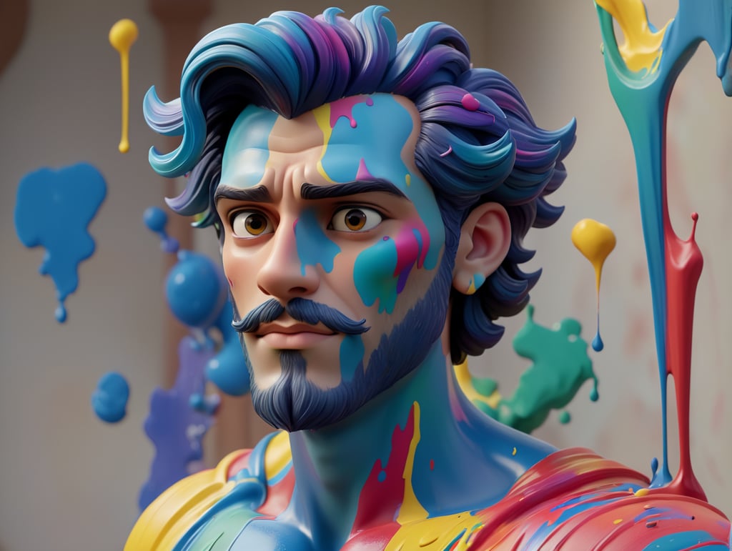 greek male bust with colorful paint, melted, the paint is flowing, aesthetic background