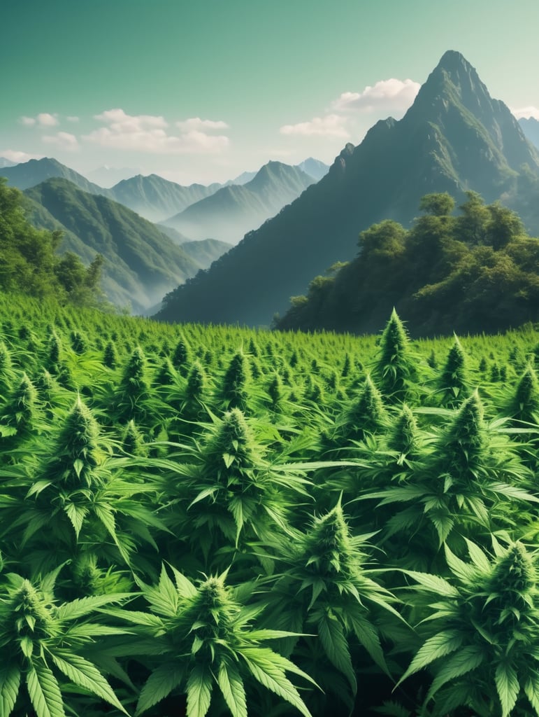 marijuana field, three mountains background, tall, green, realistic, high contrast, high color effect, 8K, detail, focus, scenery