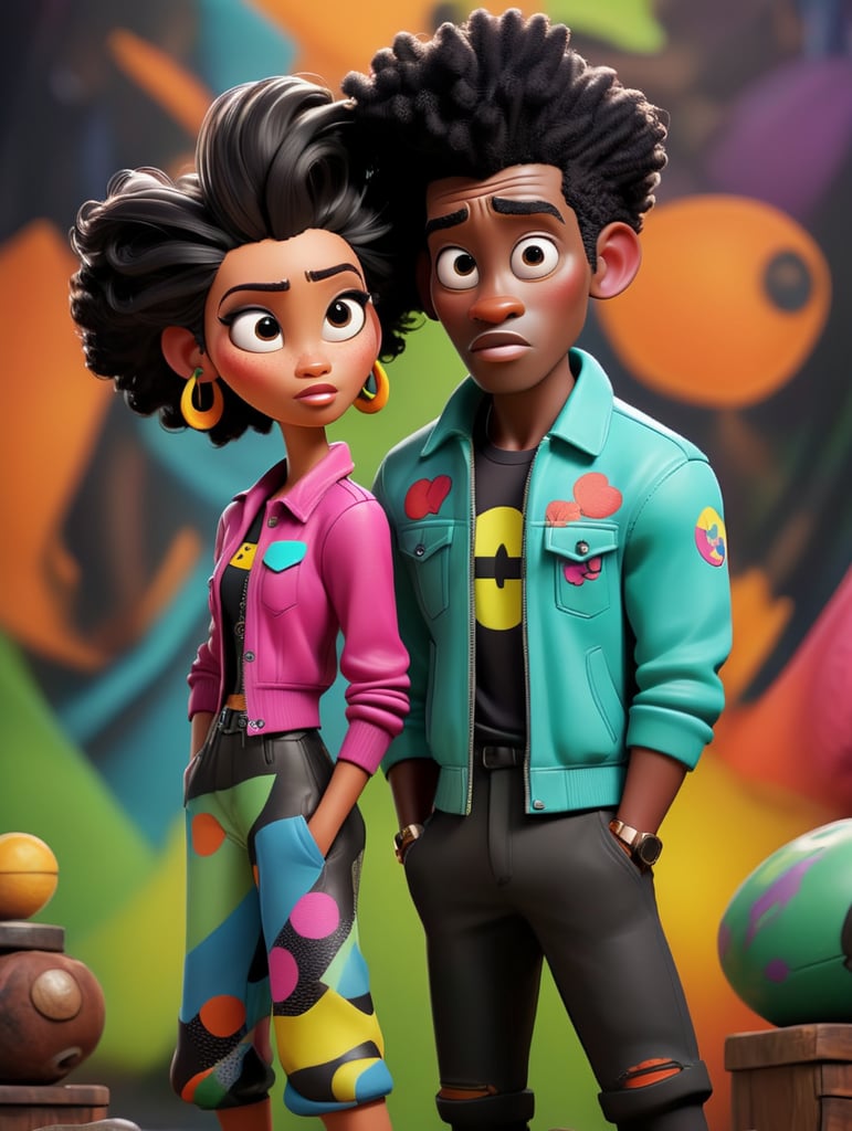 The assemblage has a very naturalistic style, with trademark use of bold colors and brushstrokes. Sportiv man and women, afro dandy, athletic shape, 80's afrobeat, custom made jacket african shirt, colorful fabric, african curtain, fashion, ebony, black, mannequin, 3d model, couple, centered image