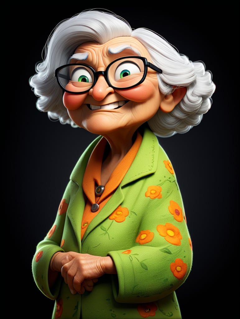 old women character with black glasses, cartoon, isolated, black background