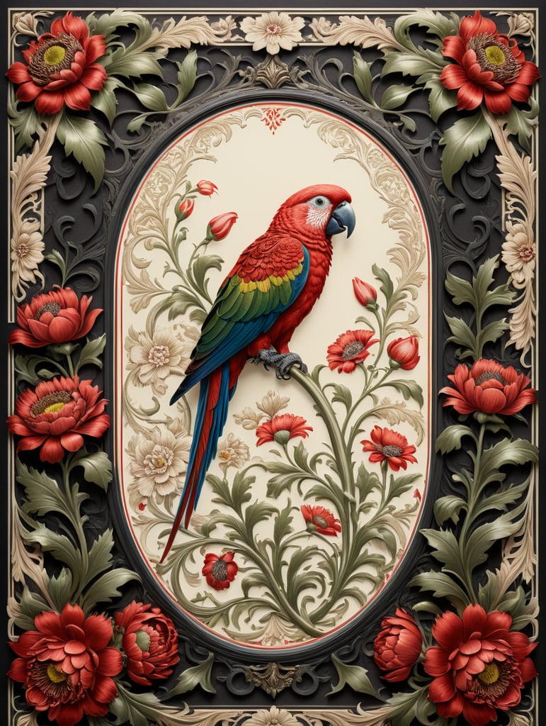 duochrome ink red on cream letterpress print of folk parrot and flowers ornate frame design, empty space in middle for text, in the style of William Morris