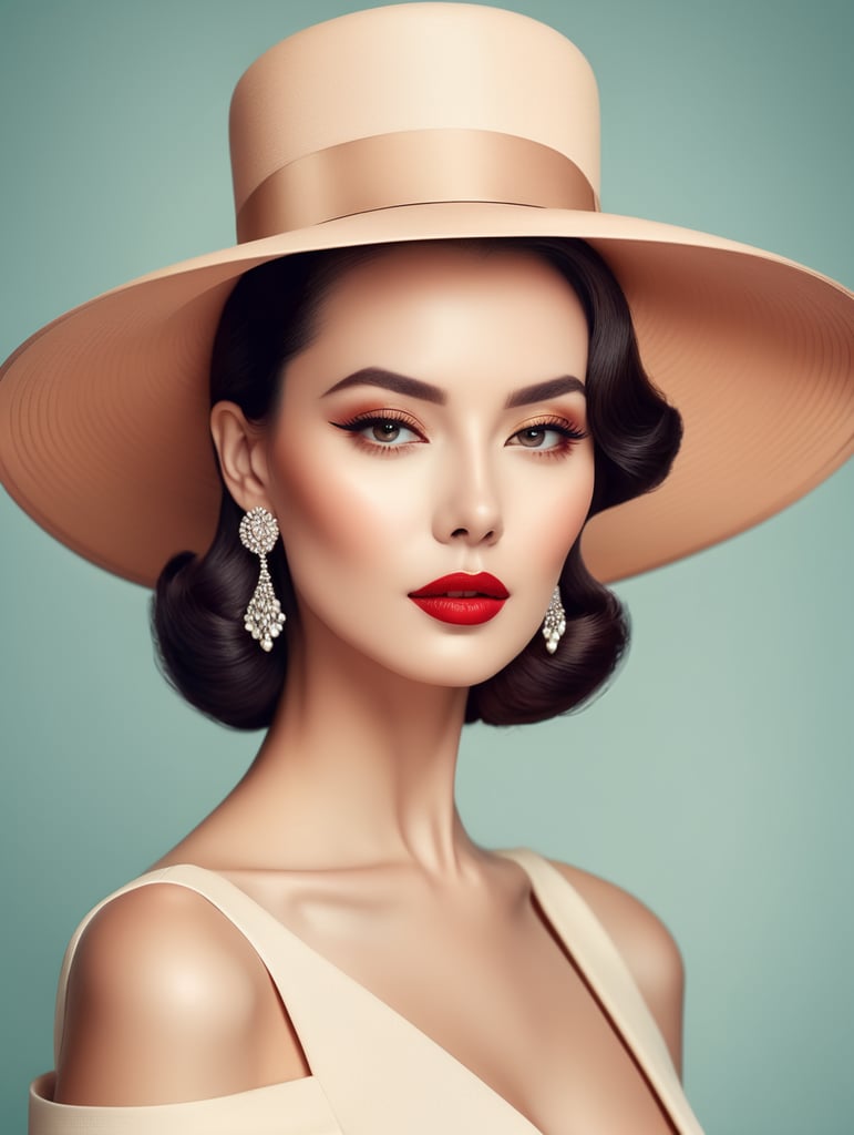 A beautiful female elegant sleek vintage with large hat, clean makeup, with depth of field, captured in bright vintage colors, minimalist posterstyle