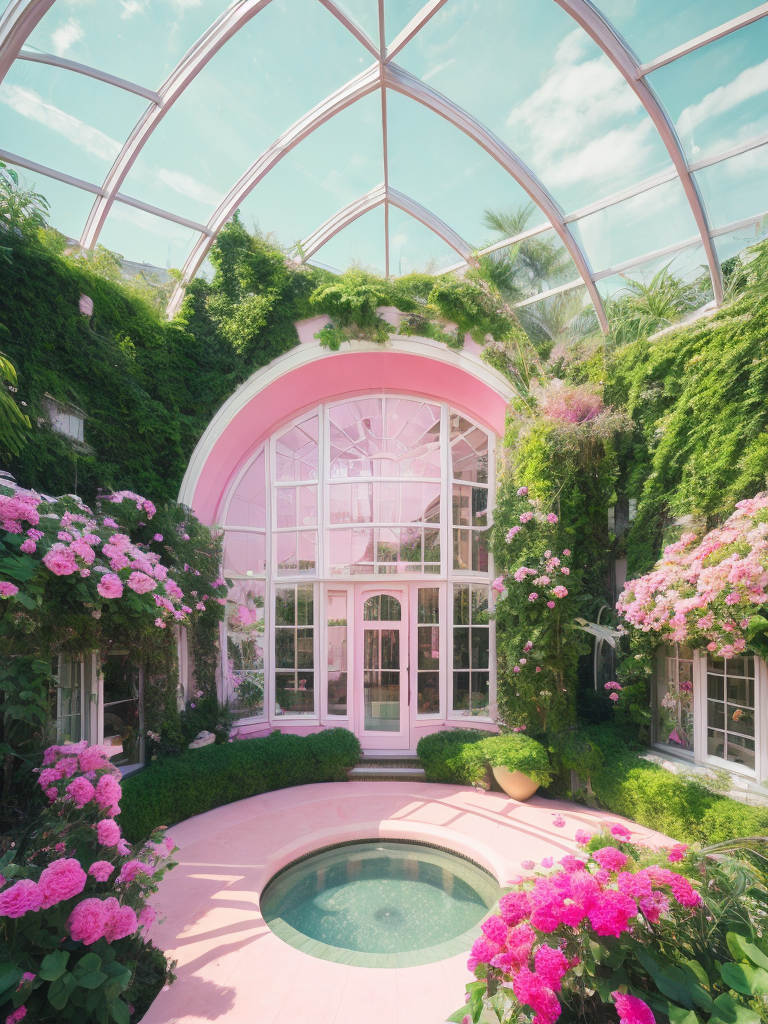 Architectural photo of a maximalist pink solar green house interior with lots of flowers and plants, golden light, hyperrealistic surrealism, award winning masterpiece with incredible details, epic stunning pink surrounding and round corners, big windows, art space, green house walls and celling
