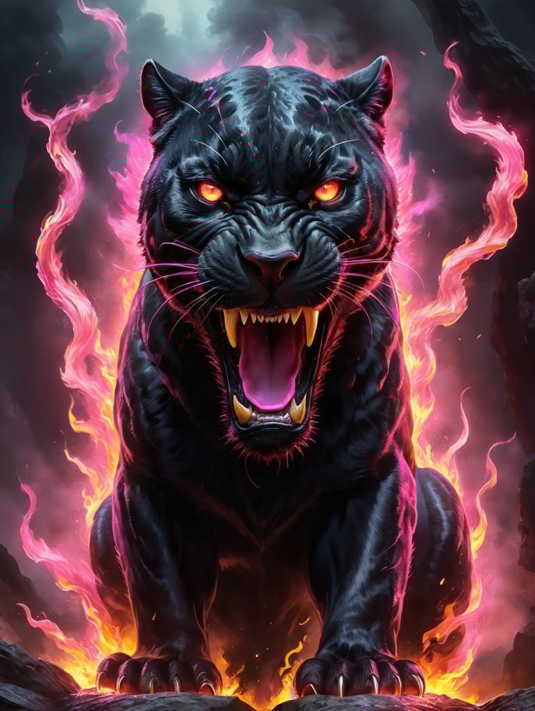 A fierce black panther with pink eyes and pink fire