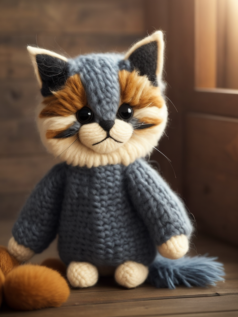 cute fluffy kitten as a knitted toy
