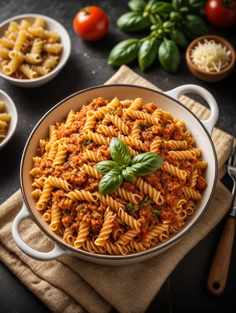 "Show how rotini pasta with bolognese sauce can be the perfect choice for any meal. Describe the delicious taste and unique texture of rotini pasta that perfectly captures the bolognese sauce. Illustrate tempting presentation methods and provide inspiration on how to serve this pasta dish with creative touches."