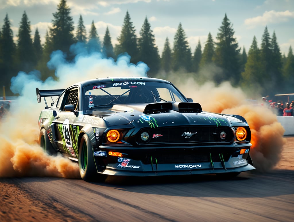 photorealistic Ken block hoonigan mustang drifting thunder as background ambient, art by Mschiffer, tetradic colors,