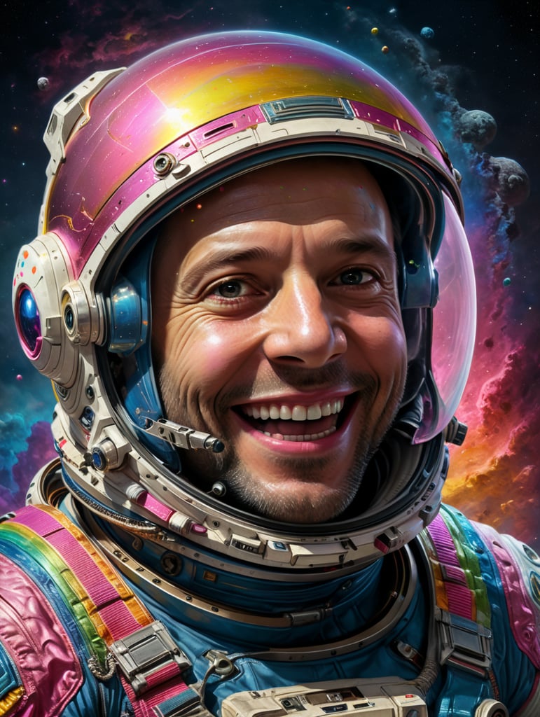 movie still, photo of an astronaut with happy face, Rainbow asteroid, light indigo, neon pink and dark beige, muted tones