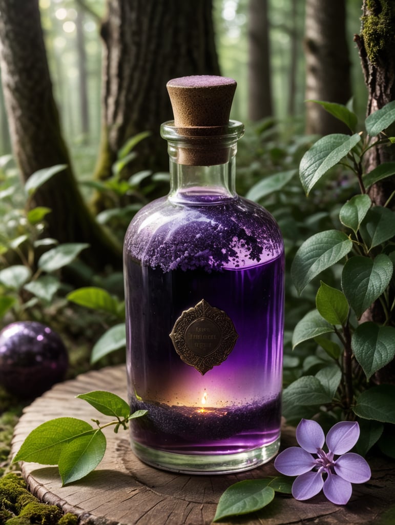 magic lilac bottle with a potion, a potion that gives health, game artifact, close-up, around a magical forest