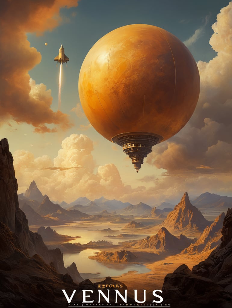Ein Vintage-Reiseplakat für Venus im Hochformat. Die Szene zeigt die dicken, gelblichen Wolken der Venus mit der Silhouette eines sich nähernden alten Raketenschiffs. Geheimnisvolle Formen deuten auf Berge und Täler unter den Wolken hin. Der untere Text lautet: „Explore Venus: Beauty Behind the Mist“. Das Farbschema besteht aus Gold-, Gelb- und sanften Orangetönen und erweckt ein Gefühl des Staunens.