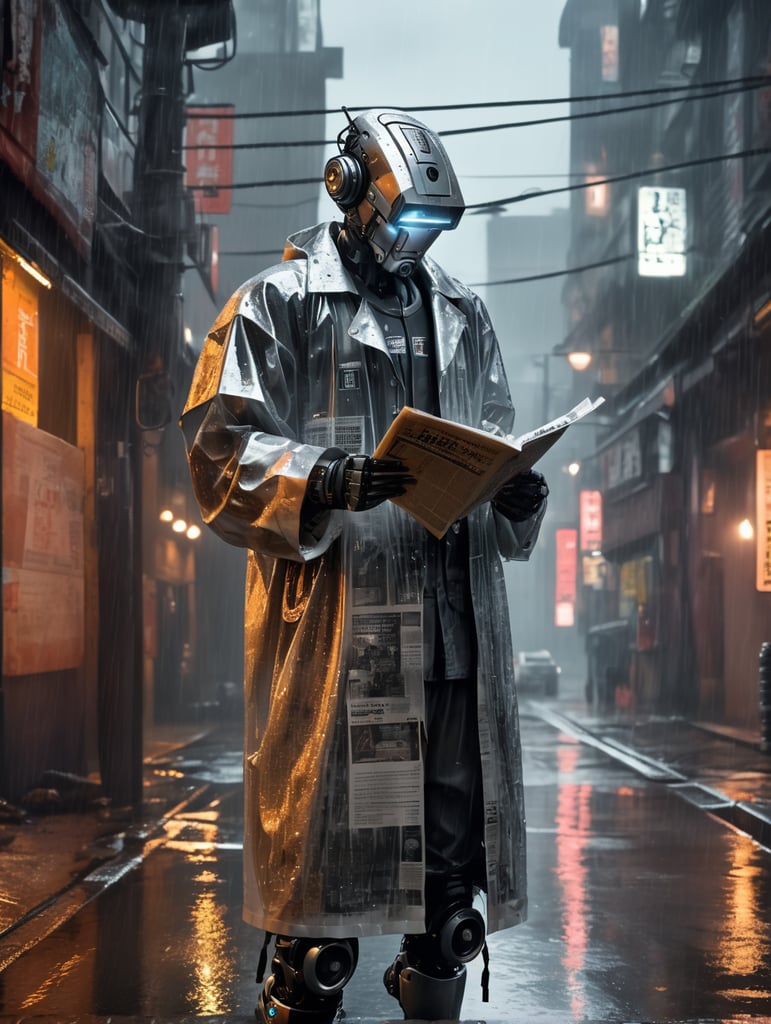 A robot wearing a transparent raincoat, standing outside in the rain and reading a newspaper, rusty and worn out, on a dystopian cyberpunk street, photorealistic urban punk, dark atmosphere with bright accents, contrast lighting