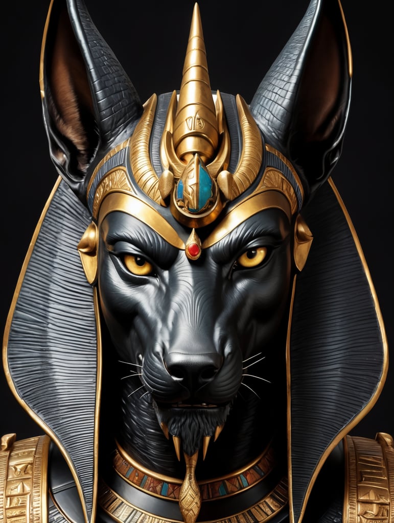 Egyptian god Anubis, portrait, hyper-realistic, dark style, focus on face, sharp on details, black background