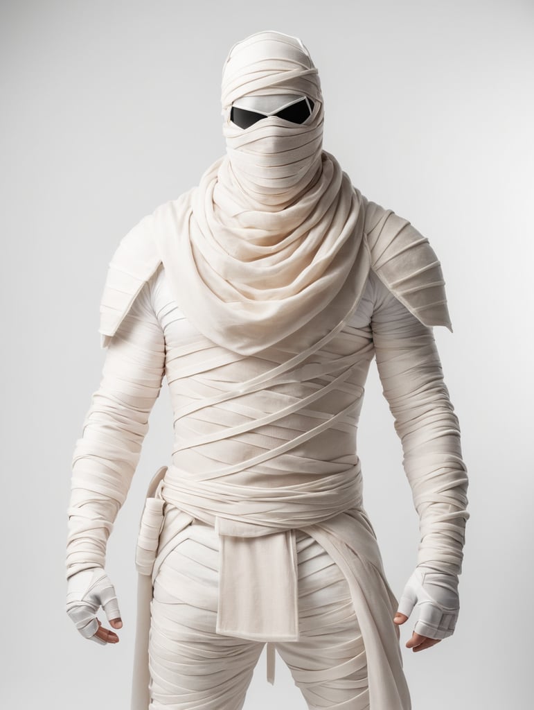 A photograph of mummy costume covered in bandages for a male character with fortnite style, halloween costume, white background, full body