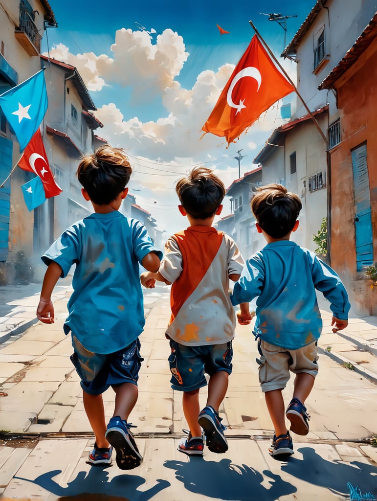 Girls and boys Childrens running with Turkish flags in their hands. Rear view. Blue sky, Clouds. Photorealistic.