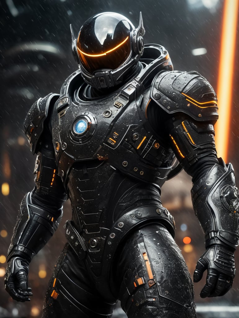 Space Viking, modern space suit style, bigger body size, black portal with with energy ligth, noeon suit, cyber punk, darken, meteorite, spaceship, meteorite rain, energy blast