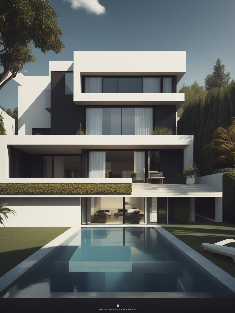 A stunning modern mansion, with clean lines and minimalist design that emphasizes the beauty of the surrounding landscape, featuring luxurious amenities that evoke luxury living and sophistication. Artists: Dario D'Ambrosio, Patricia Urquiola, Ole Scheeren, Cinematic Lighting