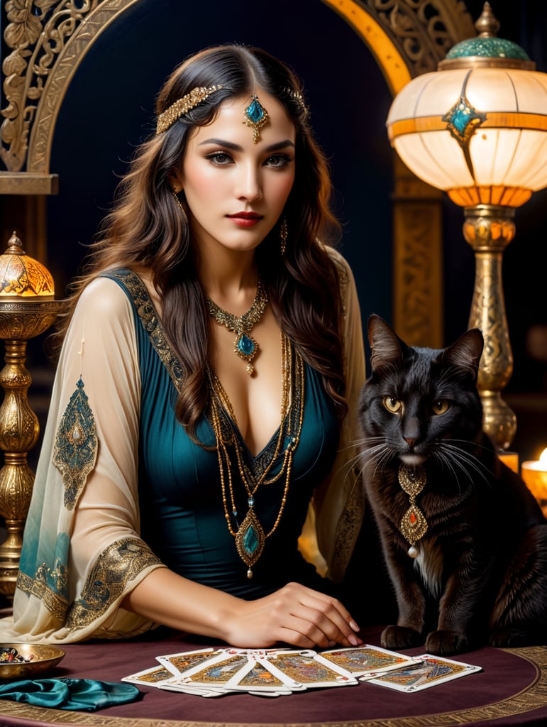 Rolf Armstrong, Edmund Dulac, art nouveau, 1920s vintage style, crisp details. Insanely detailed, dynamic pose, fairytale, nighttime, very beautiful Spanish gypsy fortune teller sitting at table with tarot cards, black cat, mysterious, gypsy caravan, intricate details, long hair, hypnotic eyes, perfect face, jewel tone colors, exquisite craftsmanship, oil paint