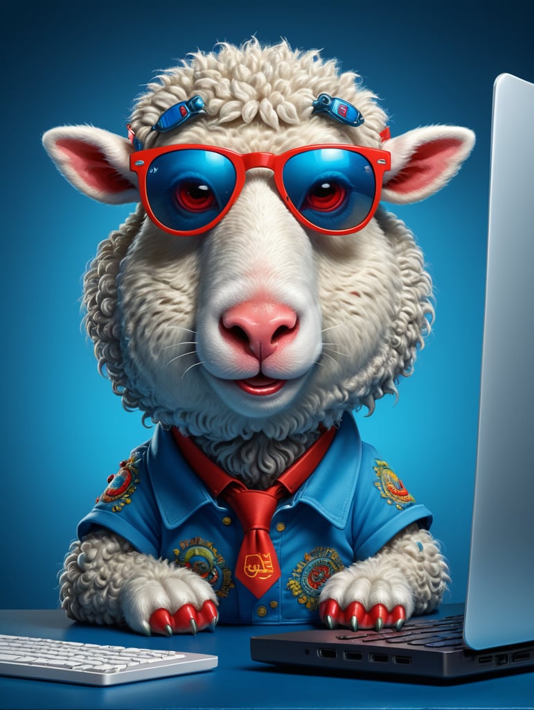 cute cartoon sheep sitting front of a dell laptop, flipped keyboard, programmer, wearing red sunglasses and a blue shirt, Vivid saturated colors, Contrast color, blue background