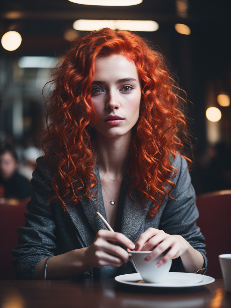 Create a stunning image of a charming young lady with curly red hair, freckles, sitting in a café. The portrait should capture her beauty with exquisite detail and elevated colors.