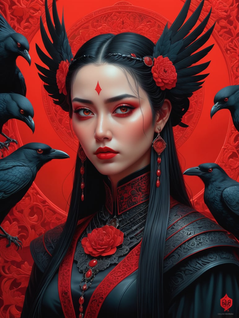 lord of crows art portrait by casey weldon, red and black color palette, olga kvasha, miho hirano, hyperdetailed intricately detailed gothic art trending on artstation triadic colors unreal engine 5 detailed matte painting, deep color, fantastical, intricate detail, splash screen, complementary colors, fantasy concept art, 8k resolution, gothic deviantart masterpiece