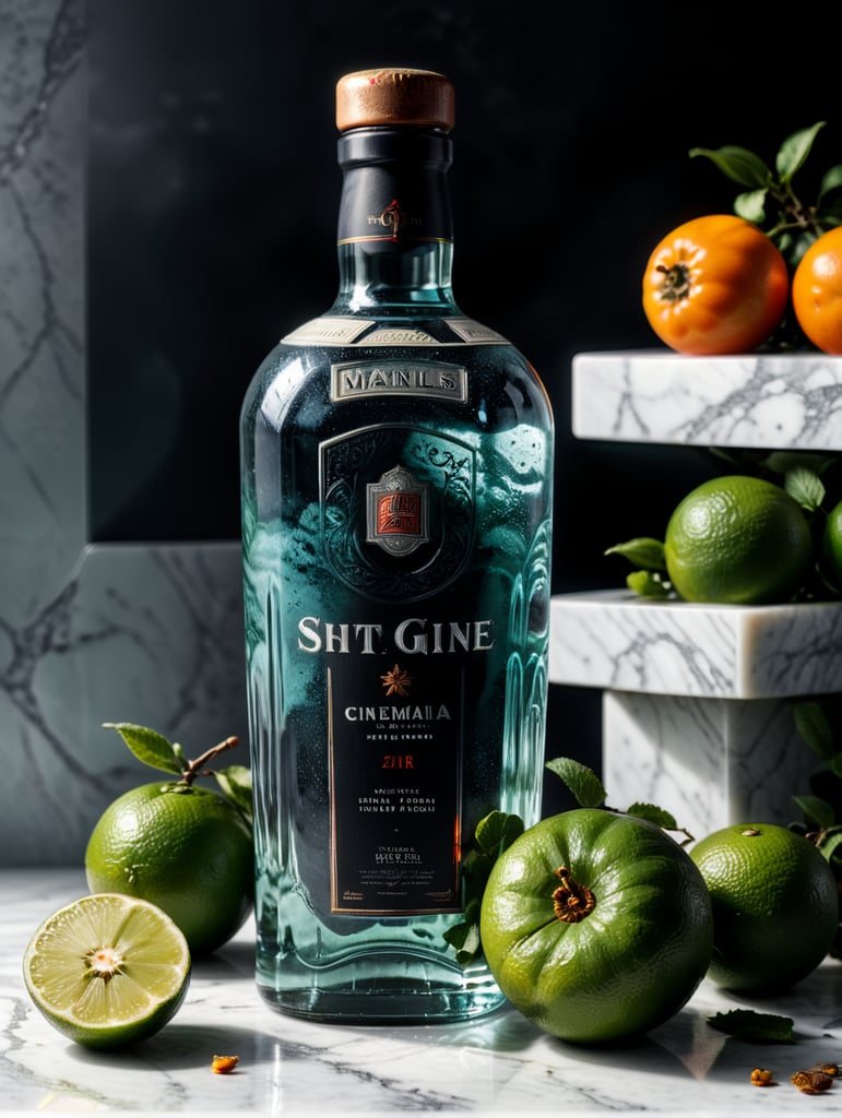 professional photo of a gin bottle on a white marble table surrounded by limes, persimmons and mint, natural light