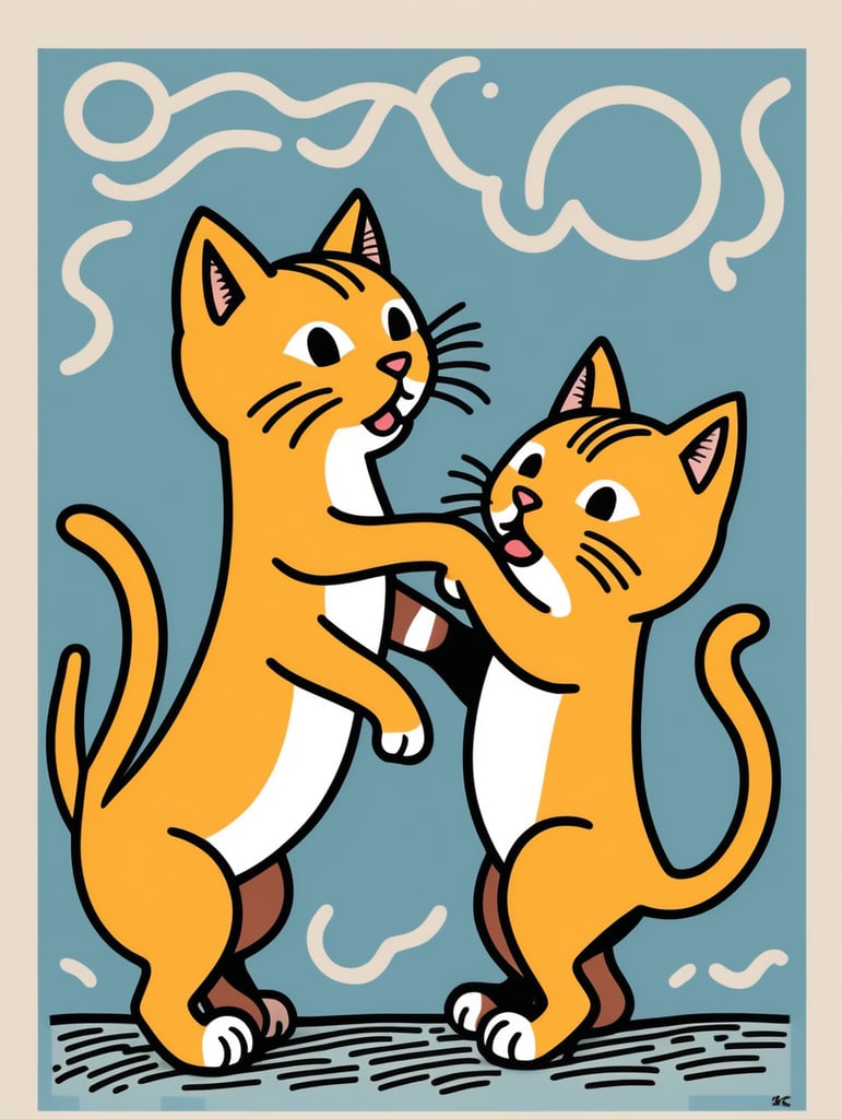 Simple figural illustration of a two kittens playing, solid color background, Keith Haring style graffiti, sharp illustrations, bold lines and solid colors, simple details, minimalism