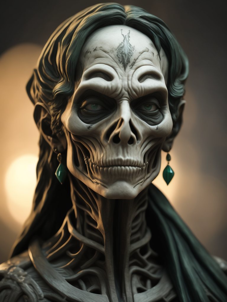 ultra detailed marble and jade sculpture of a female necromancer, skeleton face, volumetric fog, Hyperrealism, breathtaking, ultra realistic, ultra detailed, cyber background, cinematic lighting, highly detailed, breathtaking, photography, stunning environment, wide-angle